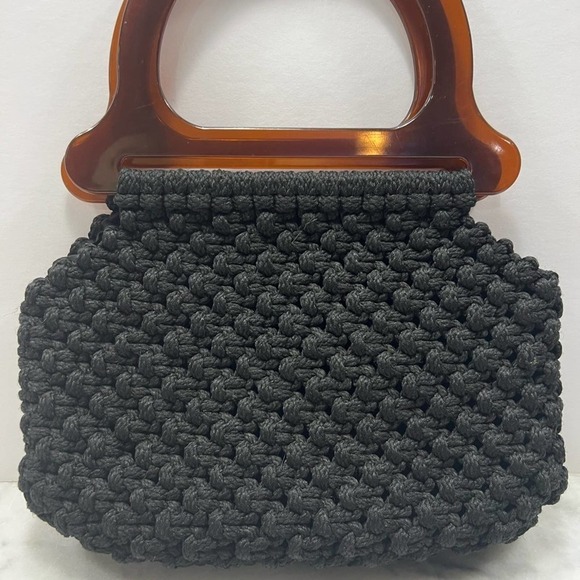 Vintage Macrame Black Lined Knotted Handbag w Plastic Tortoise Shell Handles - Picture 1 of 9